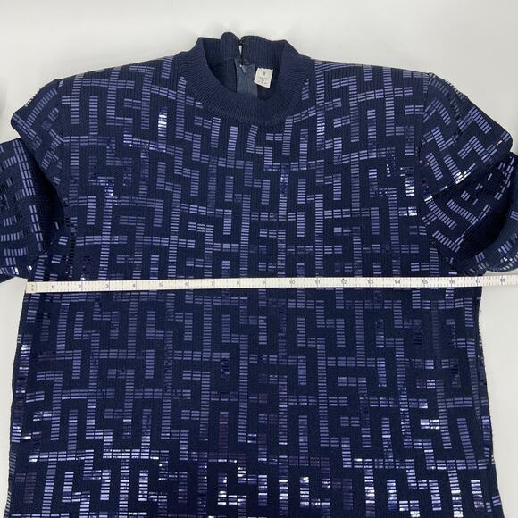 St. John Evening Geometric Greek Key Pattern Navy Sequin Long Sleeved Dress 8 - Picture 4 of 9